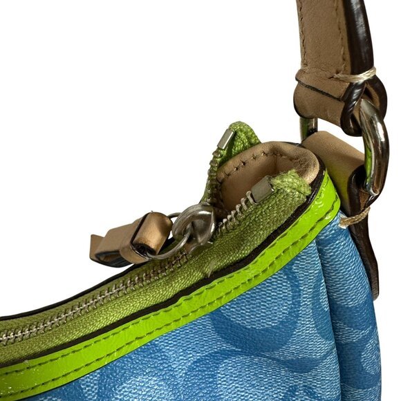 Coach Signature Stripe Shoulder Baguette Demi Bag Blue Lime Green F29942 - Picture 14 of 15